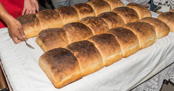 Pan Casero Fresco Crujiente Horneado Horno Tradicional Piedra Pan Casero —  Fotos de Stock