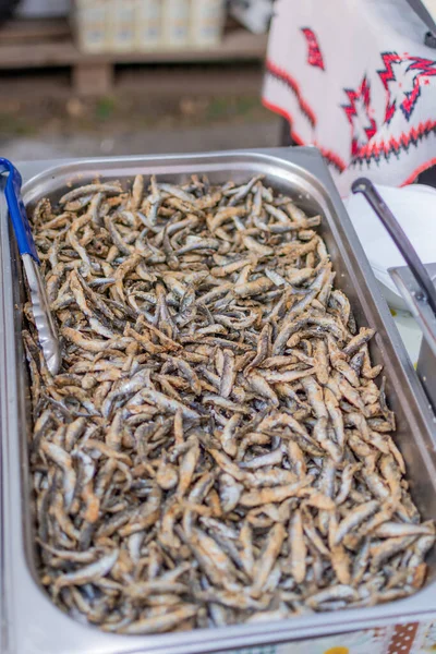 Fried Little Fish Market Food Festival Food Truck Asian Market — Stock Photo, Image