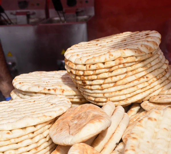 Montón Pan Plano Pita Fresca Lebanés Sin Gluten Especialidad Griega — Foto de Stock