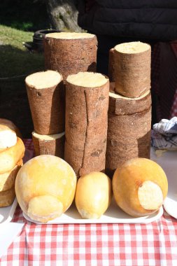 Branza de burduf, Transilvania 'nın güneyinden geleneksel koyun sütü peyniri, Romanya özel peyniri, sarı yuvarlak keçi peyniri topları ev yapımı, ağaç kabuğu örtüsü, renkli peçete