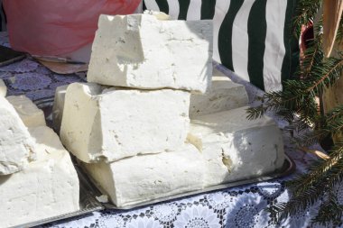 Süpermarketteki şarküteride satılık bitkilerle tatlandırılmış çeşitli peynir tekerleri. Yemek festivalinde Romanya 'nın geleneksel yumuşak ve sert peynir çeşitleri tezgahın üzerinde