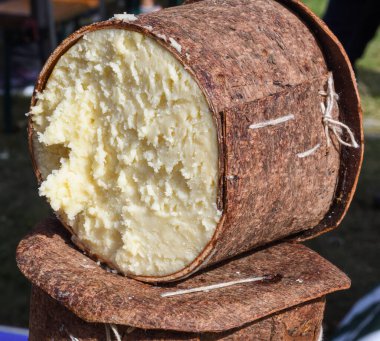Branza de burduf, Transilvania 'nın güneyinden geleneksel koyun sütü peyniri, Romanya özel peyniri, sarı yuvarlak keçi peyniri topları ev yapımı, ağaç kabuğu örtüsü, renkli peçete