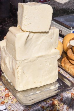 Süpermarketteki şarküteride satılık bitkilerle tatlandırılmış çeşitli peynir tekerleri. Yemek festivalinde Romanya 'nın geleneksel yumuşak ve sert peynir çeşitleri tezgahın üzerinde