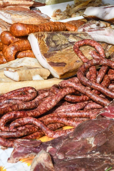 Assorted Meat Products Sausages Chorizo Spices Dark Table View Large — Stock Photo, Image