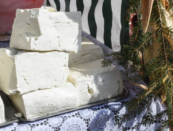 Süpermarketteki şarküteride satılık bitkilerle tatlandırılmış çeşitli peynir tekerleri. Yemek festivalinde Romanya 'nın geleneksel yumuşak ve sert peynir çeşitleri tezgahın üzerinde