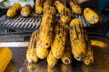 Mısır koçanlı ızgara mısır ve brochette yakın çekim. Dışarıda mısır koçanı var. Izgara tabakta ızgara mısır, üst manzara. Izgara sebze, vejetaryen yemeği, fırında barbekü.