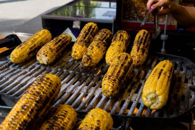 Mısır koçanlı ızgara mısır ve brochette yakın çekim. Dışarıda mısır koçanı var. Izgara tabakta ızgara mısır, üst manzara. Izgara sebze, vejetaryen yemeği, fırında barbekü.