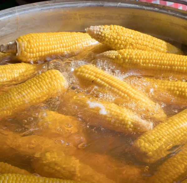 Mısır koçanını güneş ışığında yakın plan çekimde haşladım. Dışarıda mısır koçanı var. Sobada mısır kaynatıyorlar, üst tarafta. Sebze atıştırması, vejetaryen yemeği, açık hava kahvaltısı / festival sırasında.