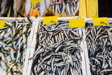 İstanbul, Türkiye, 20.12.2019: Balık pazarının tepesinde satılık taze deniz ürünleri