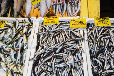 İstanbul, Türkiye, 20.12.2019: Balık pazarının tepesinde satılık taze deniz ürünleri