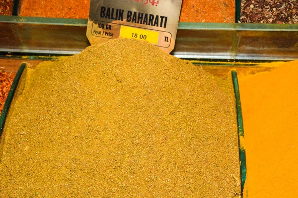 Spices and teas in the Egyptian market in Istanbul. Spices stall in the Spice Market, Istanbul, Turkey. Paprika, chicken, curry, potato, salad, sumac, chilly, vegetable, fish, cumin, paprika