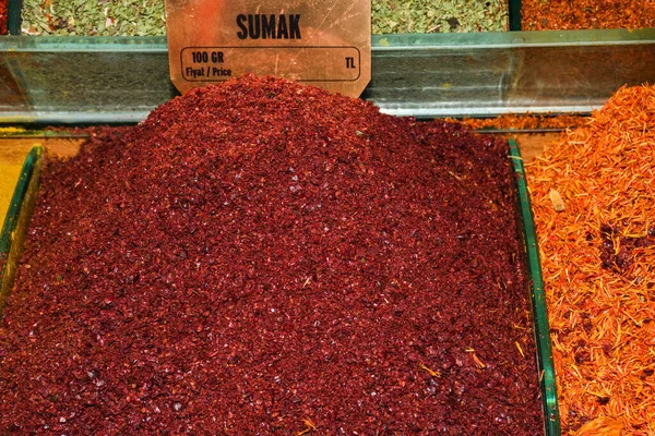 Spices and teas in the Egyptian market in Istanbul. Spices stall in the Spice Market, Istanbul, Turkey. Paprika, chicken, curry, potato, salad, sumac, chilly, vegetable, fish, cumin, paprika