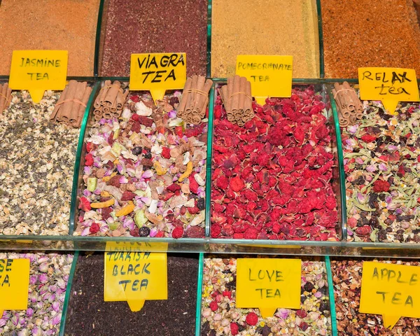 Assorted tea and spices specialties in Istanbul Turkey, Grand Bazaar