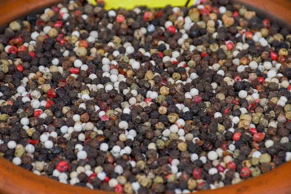 Mixed Peppercorns Background Different Colored Peppercorns Close — Stock Photo, Image