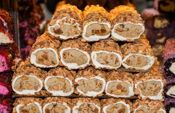 Traditional Lokum Rolls Sweet Dessert Turkish Delights Pastry Different Flavours — Stock Photo, Image