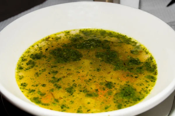 Sopa Clásica Pistou Pesto Tazón Blanco Que Sirve Restaurante Receta —  Fotos de Stock