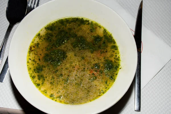 Classic Soup Pistou Pesto White Bowl Being Served Restaurant Traditional — Stock Photo, Image