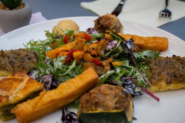 Geleneksel Nicoise yemek seçimi, farklı geleneksel yemekleri Monte Carlo 'da bir restoranda servis etmek.