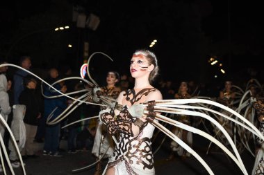 Güzel, Cote dAzur, Fransa - 23 Şubat 2020: Nice Karnavalı, bu seneki Moda Kralı Gecesi. Geçit töreni, geleneksel karnaval maskeleri geçidi.