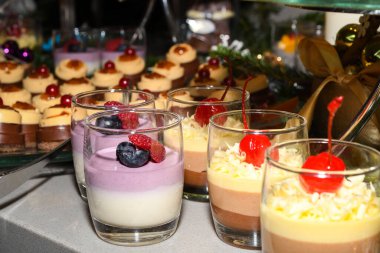 Otel kahvaltısı, yemek servisi, yemek blogcuları etkinliği, ziyafet, düğün, tatlı tatlı kutlama partisi konsepti sırasında çeşitli tatlılar. Kek çubukları, krema, tart, puding.