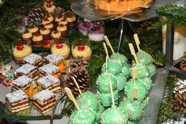 Otel kahvaltısı, yemek servisi, yemek blogcuları etkinliği, ziyafet, düğün, tatlı tatlı kutlama partisi konsepti sırasında çeşitli tatlılar. Kek çubukları, krema, tart, puding.