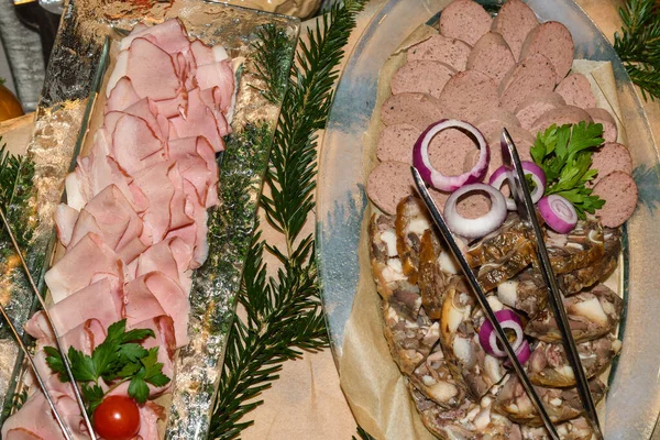 Romanian Traditional Christmas Food Buffet Sorici Caltabos Toba Pork Meat — Stock Photo, Image