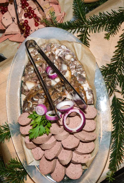 Romanian Traditional Christmas Food Buffet Caltabos Toba Pork Meat Cuts — Stock Photo, Image