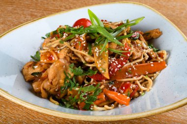 Tavuk, soya ve istiridye soslu erişte, susam yağı, zencefil, sarımsak, taze kişniş yaprağı. Geleneksel Asya yemeği. Çin yemeği spesiyali.