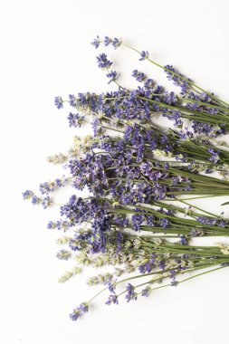 Beyaz ahşap arka planda bir demet menekşe ve kurutulmuş lavanta çiçeği buketi. Aromatik bitki, tıbbi homeopatik ilaçlar için kullanılır. Kopyalama alanı ile basit görsel, metin için boşluk
