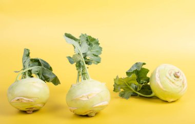 Üç parça kohlrabi sebzesi, basit sarı arkaplanda, kopyalama alanı ile izole edilmiş. Lahana ve turp familyasından yeşil yapraklı sebzeler, bahçede yetişen biyolojik ve organik bitkiler.