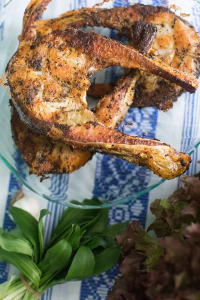 Freshly Grilled Fish Kitchen Table Closeup Top View — Stock Photo, Image