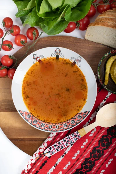 Bagian Atas Piring Dengan Sup Bakso Piring Tradisional Masakan Rumania — Stok Foto