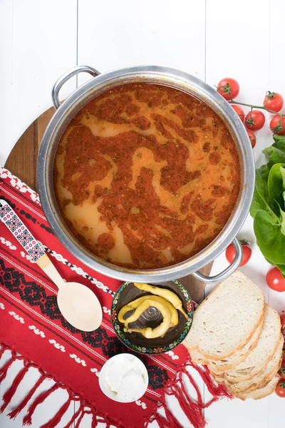 Ovanifrån Plattan Med Köttbullar Soppa Traditionell Tallrik Det Rumänska Köket — Stockfoto