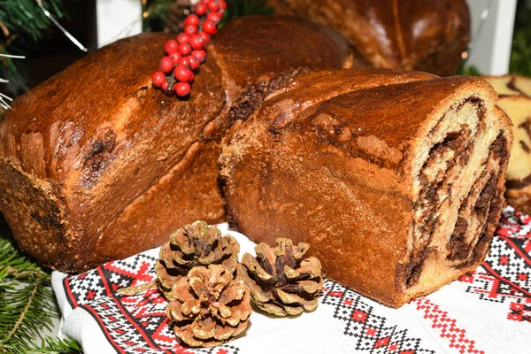 Closeup Slices Homemade Traditional Romanian Sweet Bread Named Cozonac Cacao — Stock Photo, Image