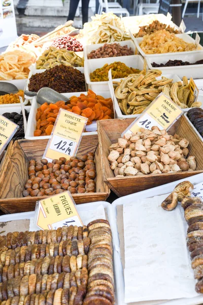 Nice Frankrijk Februari 2020 Gedroogde Vruchten Koop Buitenmarkt Nice — Stockfoto