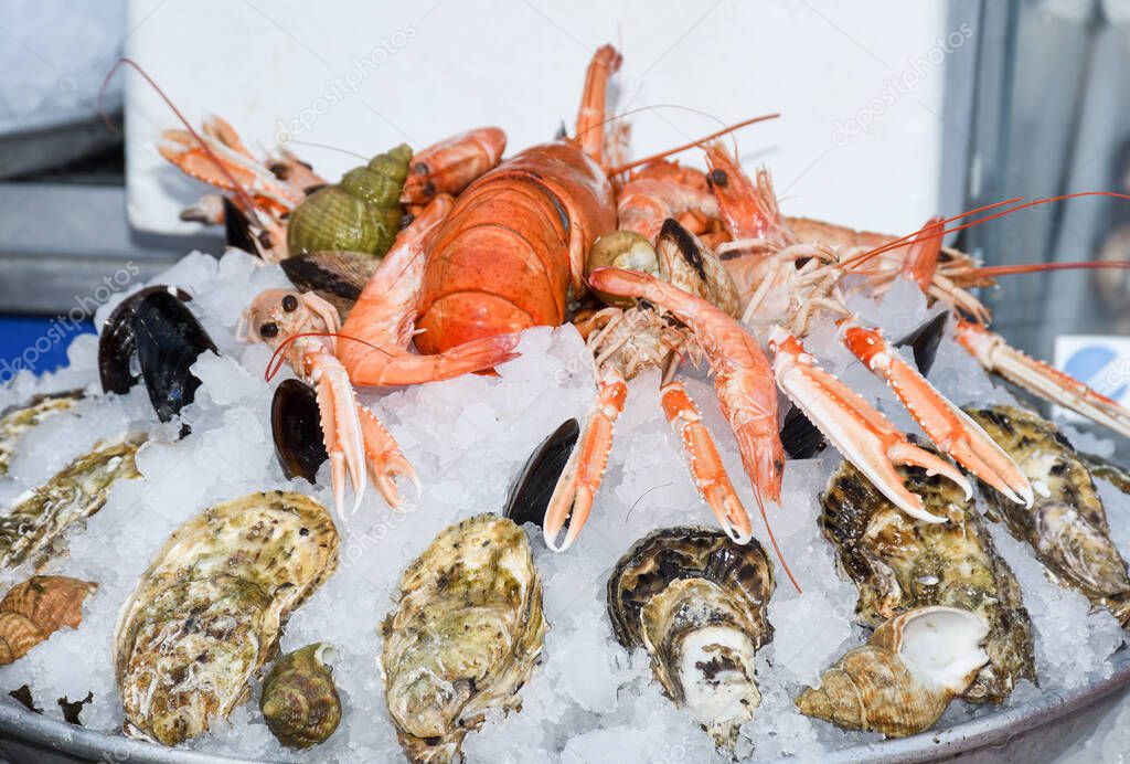 London, UK, 24th of February 2020: Fresh seafood on ice at the market