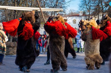 Bükreş, Romanya, 25 Aralık 2019: Balkanlar 'da Noel geleneği festivali, Romen dansçılar ve geleneksel çingene kıyafetleri içindeki aktörler, dans eden ayı gösterisi 