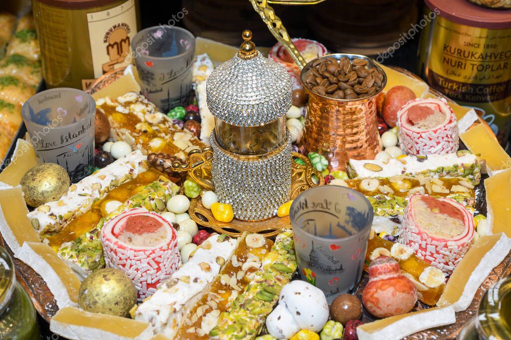 Istanbul, Turkey, 20.12.2019: Hafiz Mustafa shop in Istanbul, traditional turkish desserts like baklava, turkish delight, cream brulee, rice puddings, cakes, teas, kunefe, knafeh desserts
