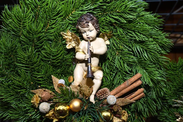 Figuras Navidad Muñeco Nieve Ángeles Bíblica Religiosa Navidad Escenas Rama — Foto de Stock