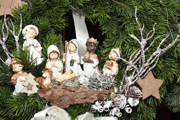 Figuras Navidad Muñeco Nieve Ángeles Bíblica Religiosa Navidad Escenas Rama — Foto de Stock