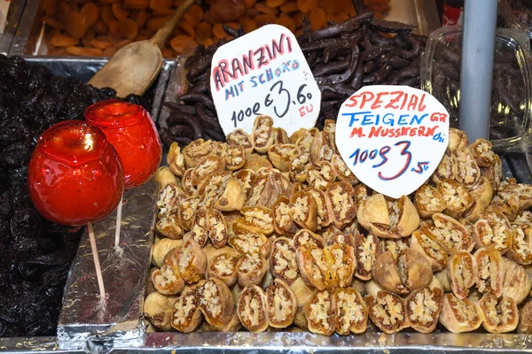 Dried Fruits Dates Plums Apricots Walnut Filling Sale Counter Top — Stock Photo, Image