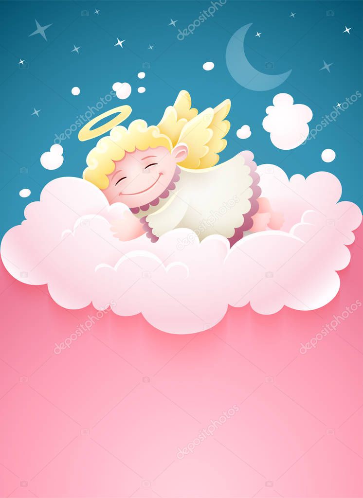 Pretty angel baby sleeping at cloud