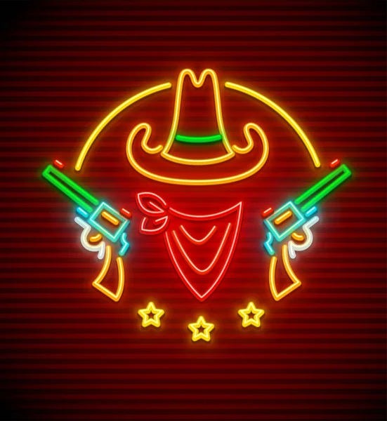 Tejano vaquero occidental sombrero con pistolas de neón signo — Vector de stock