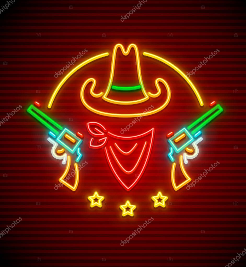 Texan western hat with guns. Neon signboard for bar or club. Wild West neon sign with nighttime illumination. EPS10 vector illustration.