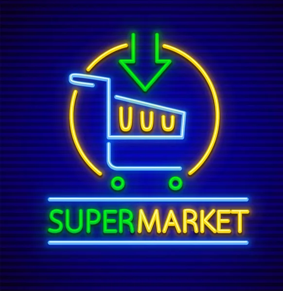 Nákupního košíku v supermarketu neon sign ikonu — Stockový vektor