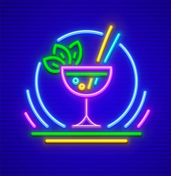 Neon sign cocktail in glass with peppermint — Stock Vector