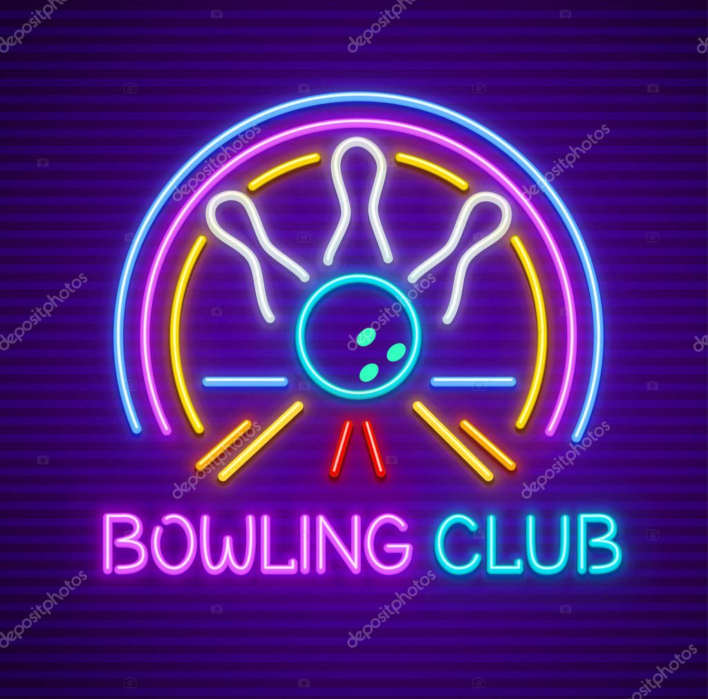Bowling club sign for entertaining. Club for plaing the game. Skittles and bowling ball on track. Neon sign with nighttime illumination. EPS10 vector illustration.