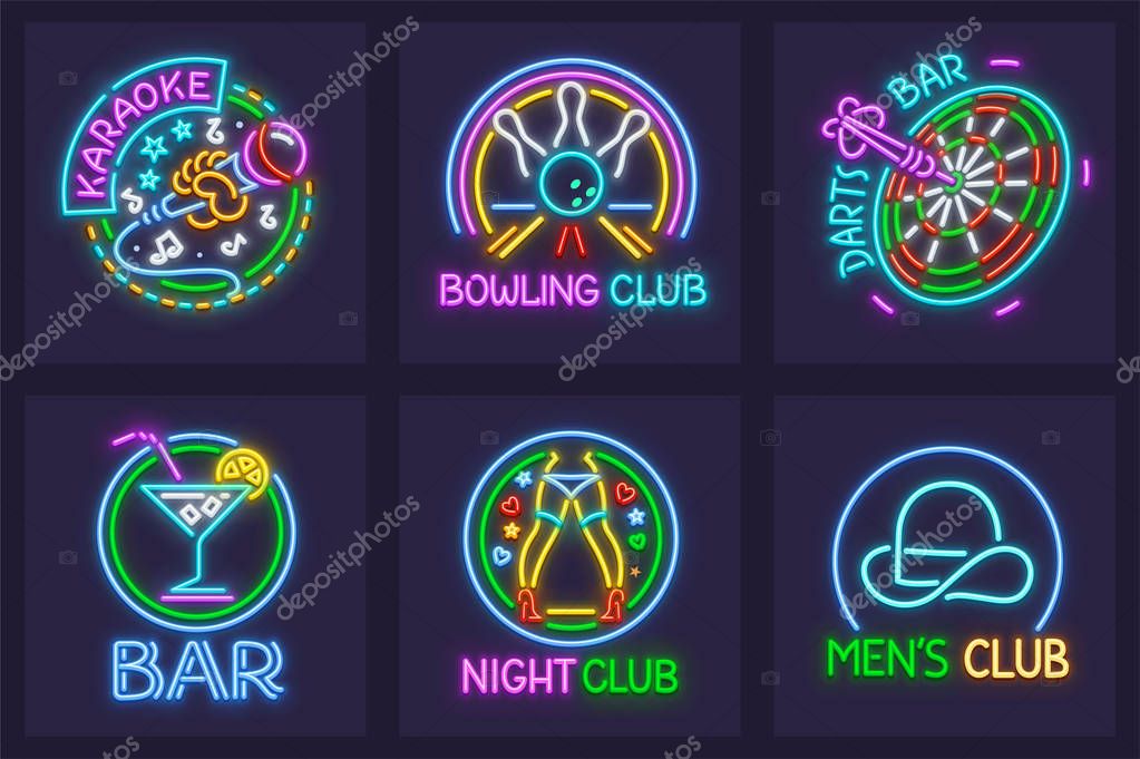 Set of neon signs for nighttime entertainment facilities. Karaoke bar, Bowling Club, darts, striptease and mens club. EPS10 vector illustration.