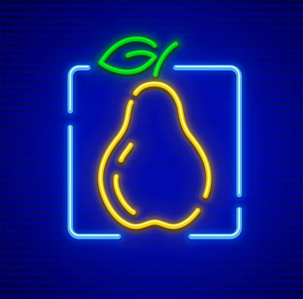 Frutto di pera con icona al neon foglia verde — Vettoriale Stock