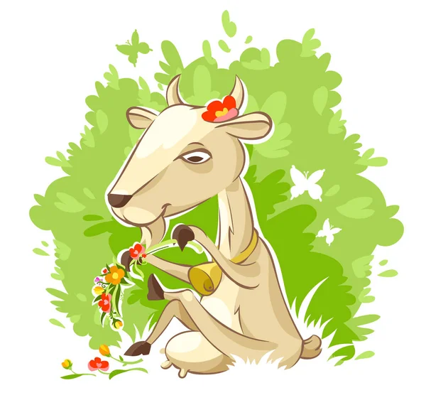 Pretty goat sit on grass lawn. Vector illustration. — Stock Vector